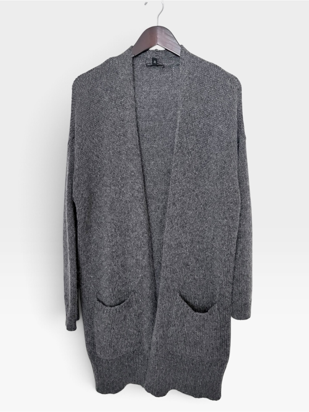 Eileen Fisher Long Open Cardigan L Charcoal Gray Wool Mohair Blend Pockets